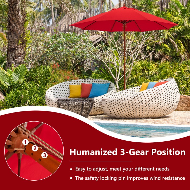 Red 9.5 ft patio umbrella with fiberglass ribs, adjustable in 3 positions, perfect for outdoor shading by the pool.