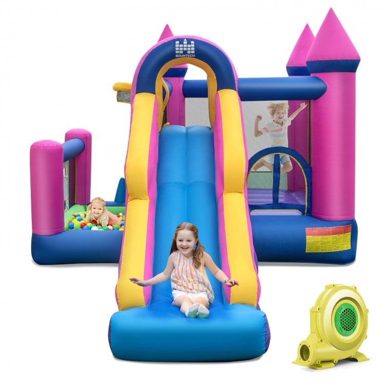 Kids inflatable bounce house with long slide, mesh walls, and games for outdoor fun and safe play.