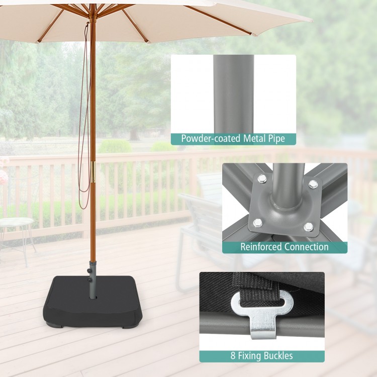 Square umbrella base with powder-coated metal frame, includes 2 sandbags and dust-proof cover for outdoor stability.