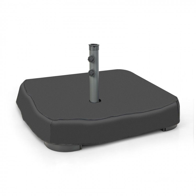 Square fillable umbrella base with dust-proof cover and two sandbags for stable outdoor support.