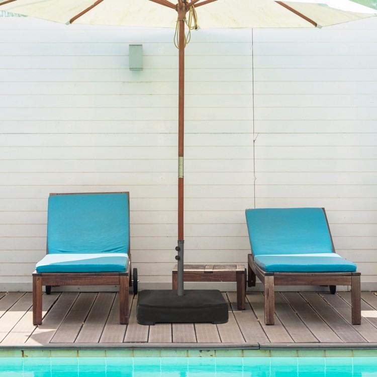 Square umbrella base with dust-proof cover and two sandbags for stable support, ideal for outdoor umbrellas up to 15ft.