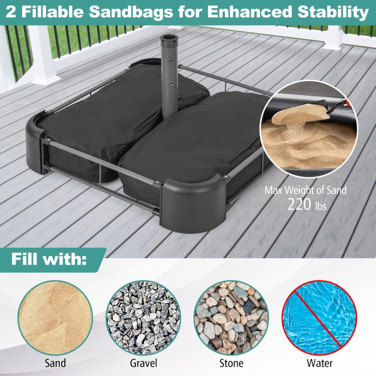 Fillable umbrella base with two sandbags for stability, featuring a dust-proof cover and sturdy metal frame.