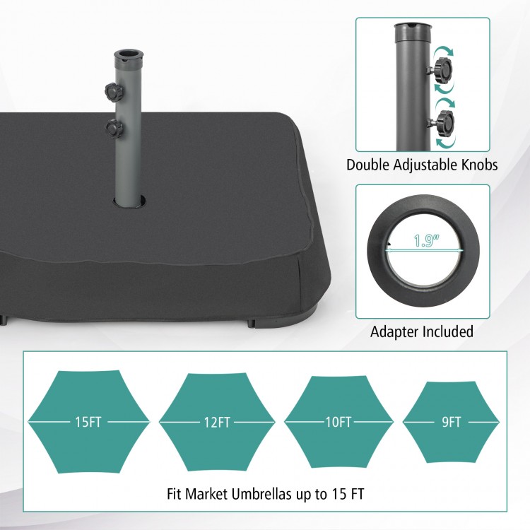 Square fillable umbrella base with adjustable knobs, two sandbags, and a dust-proof cover for umbrellas up to 15ft.