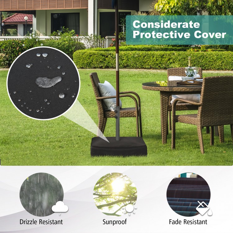 Fillable umbrella base with dust-proof cover and sandbags, designed for stability and protection against weather.
