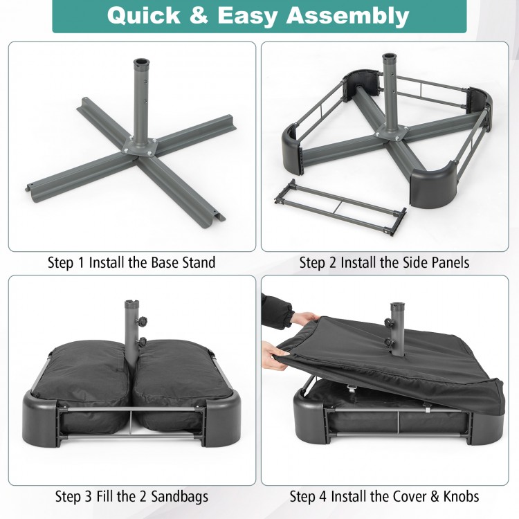 Fillable umbrella base with two sandbags and dust-proof cover, featuring a sturdy metal frame for outdoor stability.