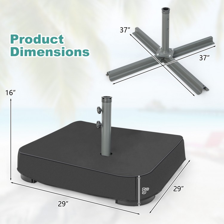 Square fillable umbrella base with adjustable knob, includes dust-proof cover and two sandbags for stability.