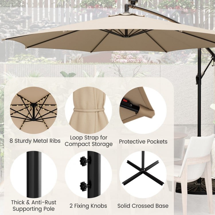 10 feet beige patio offset umbrella featuring 112 solar-powered LED lights and sturdy metal ribs for outdoor use.