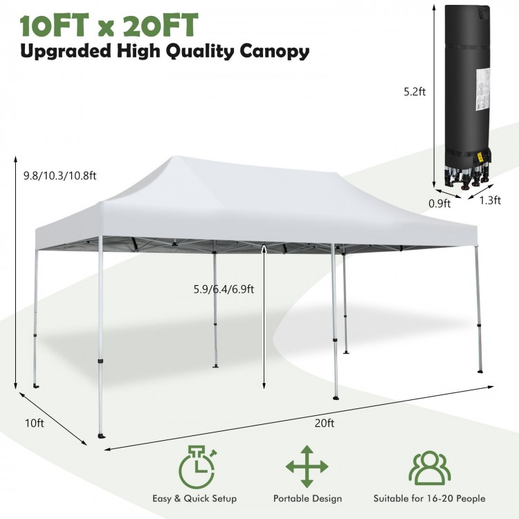 10x20 feet outdoor pop-up patio folding canopy tent in white, featuring a heavy-duty metal frame and adjustable height.
