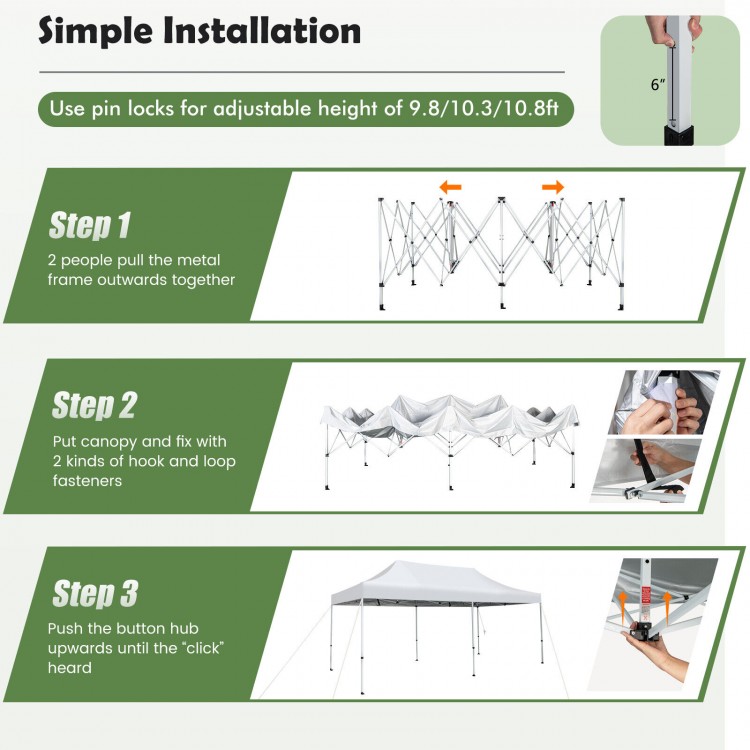 Pop-up patio canopy tent with adjustable height, heavy-duty metal frame, and UPF 50+ sun protection for outdoor events.