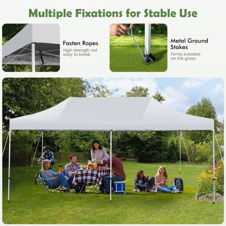 Outdoor pop-up canopy tent in white, featuring a heavy-duty metal frame and water-resistant design for backyard.