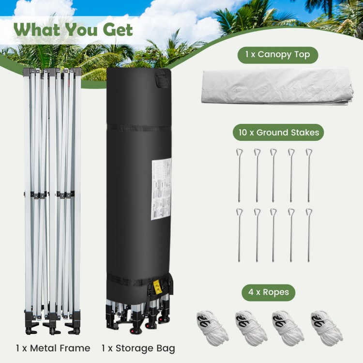 Pop-up patio canopy tent components including metal frame, canopy top, storage bag, stakes, and ropes for outdoor use.