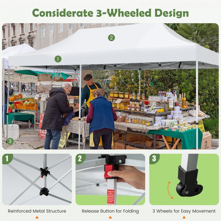 3-wheeled design of the 10 x 20 feet outdoor pop-up patio canopy tent for easy movement and quick setup.