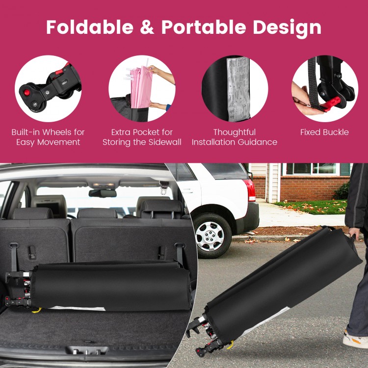 Foldable 10 x 10 feet pink pop-up canopy with wheels, portable design, ideal for outdoor events and easy transport.