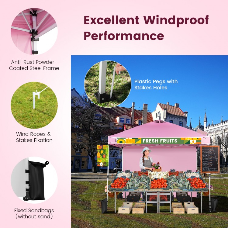 10x10 feet pink pop-up canopy showcasing windproof performance with adjustable height and durable steel frame for.