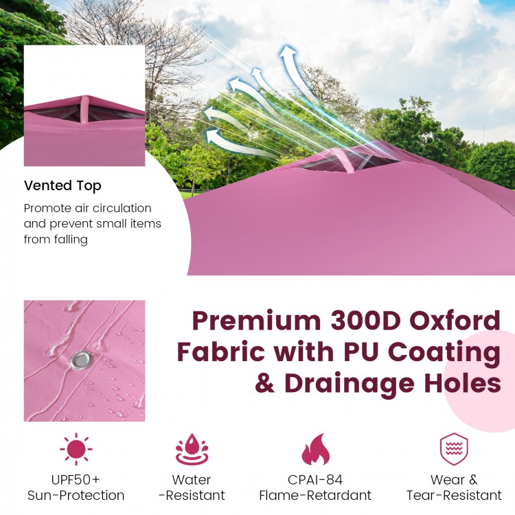 Vented top of the pink 10 x 10 feet pop-up canopy, featuring premium 300D Oxford fabric for outdoor events and sun.
