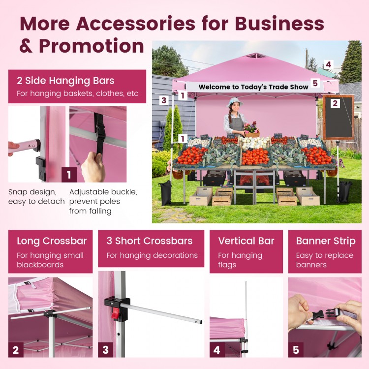 Foldable 10x10 feet pink pop-up canopy with adjustable height, side hanging bars, and banner strip for outdoor events.