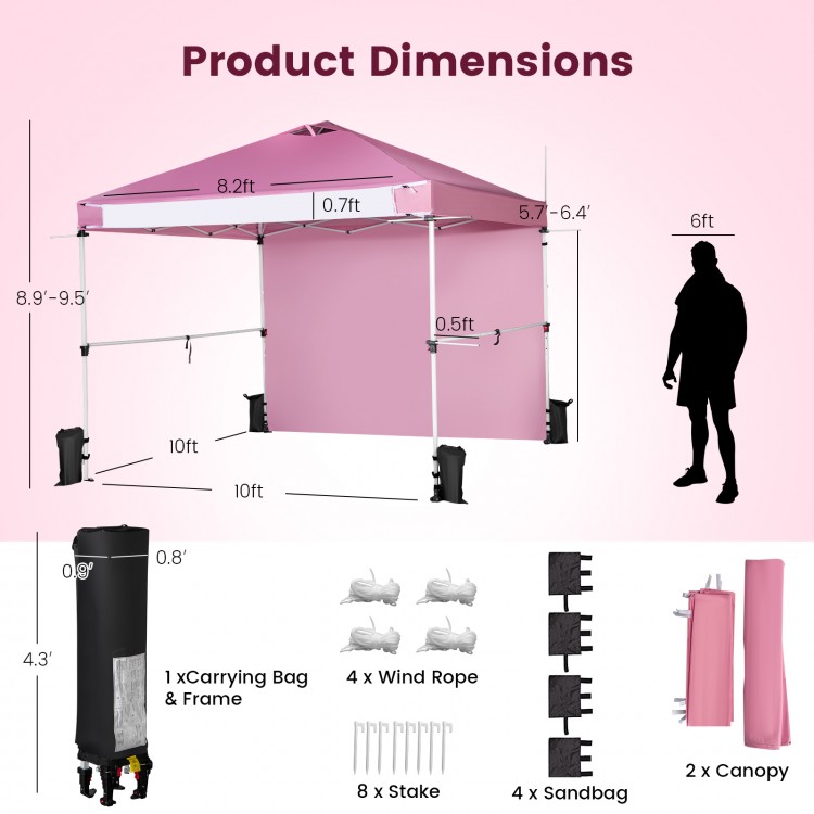 10 x 10 feet pink pop-up canopy with adjustable height, portable roller bag, perfect for outdoor events and gatherings.