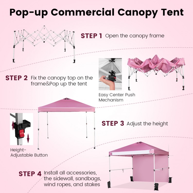 Foldable 10 x 10 feet pink commercial pop-up canopy tent with adjustable height, perfect for outdoor events and.