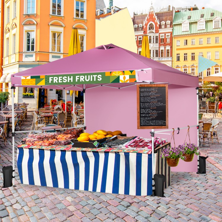 Foldable pink pop-up canopy with adjustable height, perfect for outdoor events and featuring a customizable banner.