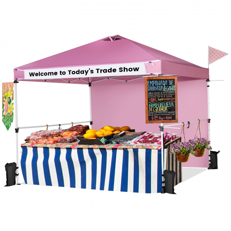 Pink 10 x 10 feet foldable pop-up canopy with adjustable height, ideal for outdoor events and easy to transport.