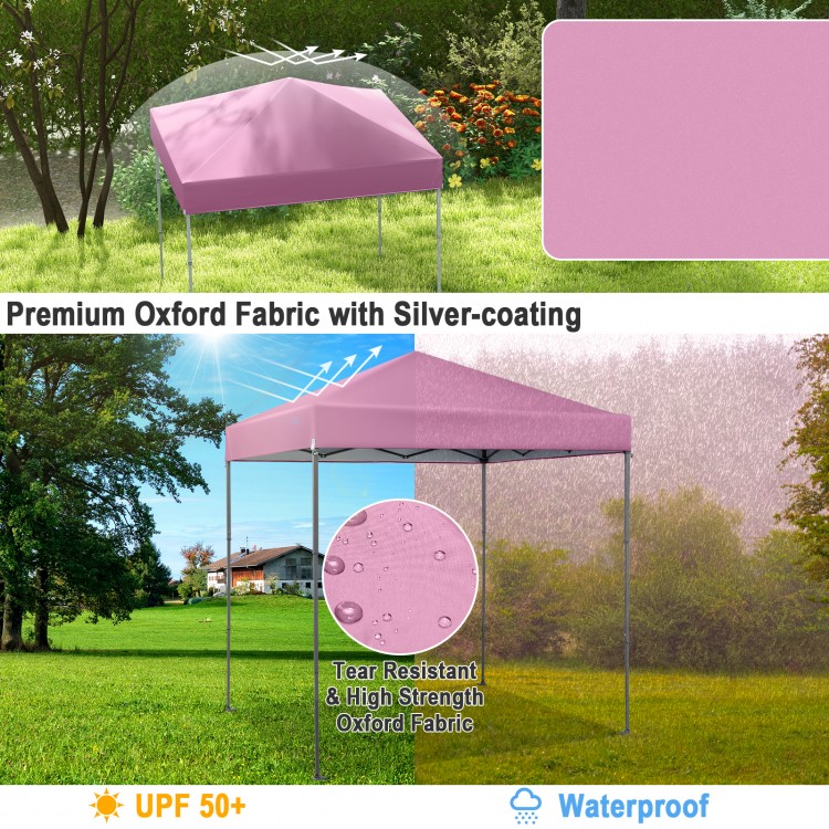 Outdoor pop-up canopy tent in pink, 6.6 x 6.6 feet, made of tear-resistant oxford fabric with UPF 50+ sun protection.