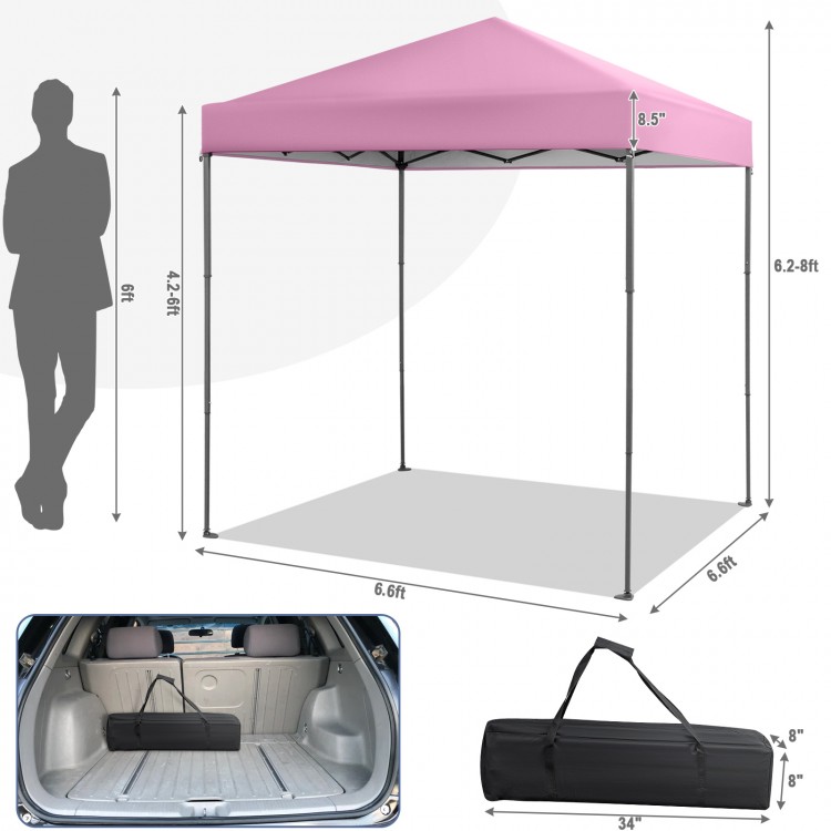 Pink 6.6 x 6.6 feet outdoor pop-up canopy tent with UPF 50+ sun protection, adjustable height, and carry bag for easy.