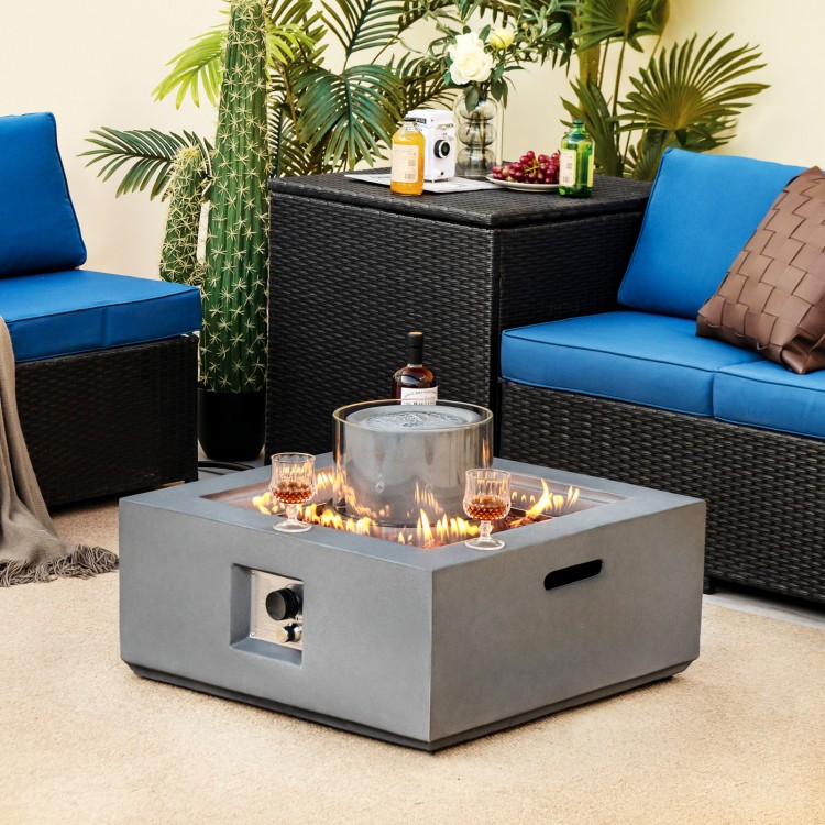 Square gray propane fire pit table with fountain, 50,000 BTU, surrounded by outdoor seating for elegant patio ambiance.