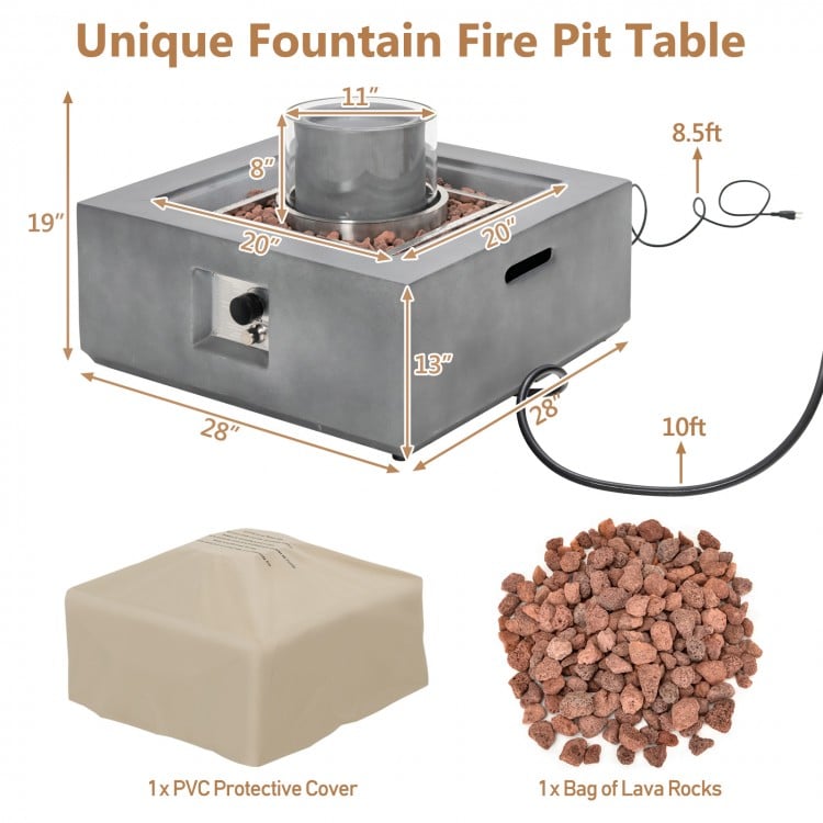 28-inch gray propane fire pit table with fountain, 50,000 BTU output, includes PVC cover and lava rocks for outdoor use.