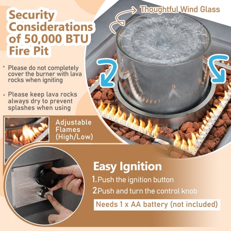 28-inch gray propane fire pit with fountain, lava rocks, and wind glass, designed for outdoor warmth and elegance.