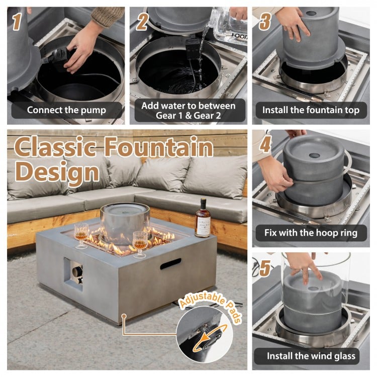 28-inch gray propane fire pit with fountain, lava rocks, and wind glass, perfect for outdoor gatherings and warmth.