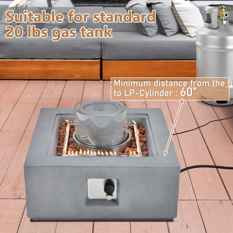 28-inch gray propane fire pit table with fountain, lava rocks, and PVC cover, suitable for standard 20 lbs gas tank.