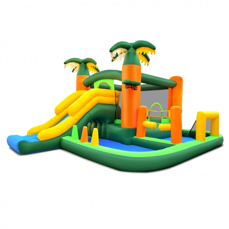 Large inflatable bounce house with slide, basketball hoop, and ball pits for indoor and outdoor fun.