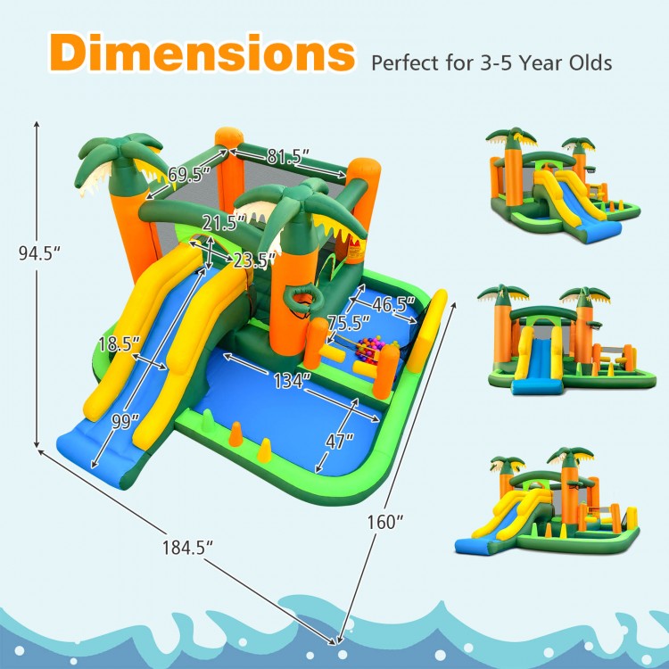 Big inflatable bounce house with slide and ball pits, featuring dimensions for kids aged 3-5 years, perfect for outdoor.
