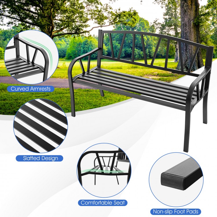 Black patio garden bench with slatted seat, curved armrests, and non-slip foot pads for outdoor comfort and stability.