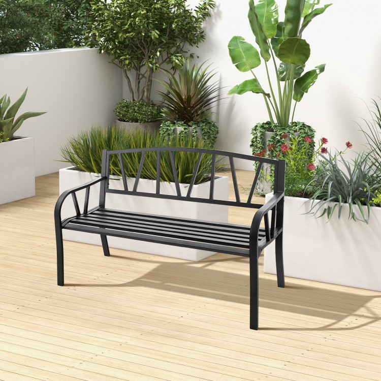 Black patio garden bench with metal frame and slatted seat, designed for comfort and stability in outdoor spaces.