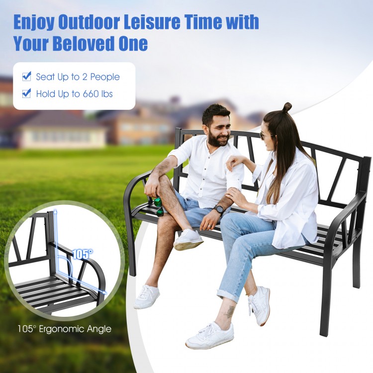 Patio garden bench with metal frame, slatted seat, ergonomic angle, seats 2, ideal for outdoor leisure time.