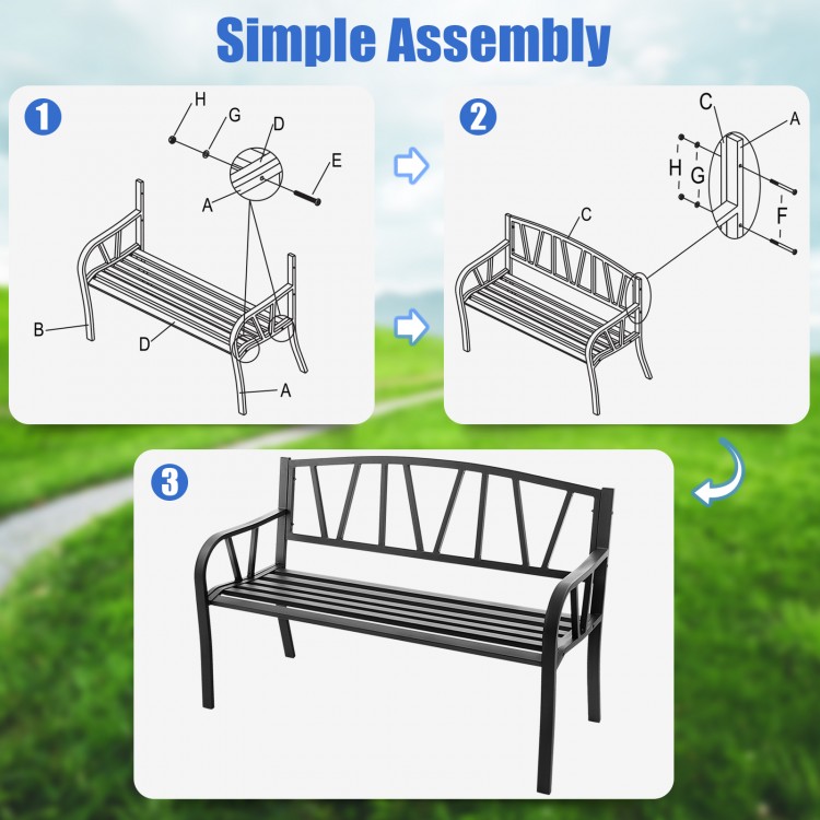 Patio garden bench assembly instructions showing a black metal frame with slatted seat for outdoor use.