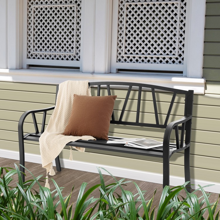 Black patio garden bench with slatted seat, ergonomic backrest, and curved armrests, perfect for outdoor relaxation.