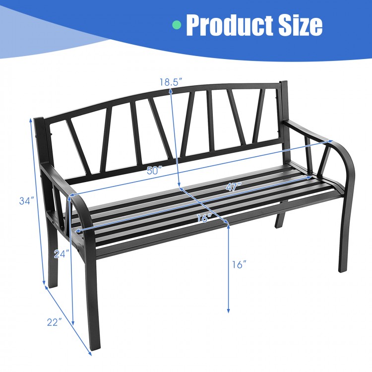 Black patio garden bench with metal frame, slatted seat design, measuring 50" for outdoor relaxation and comfort.