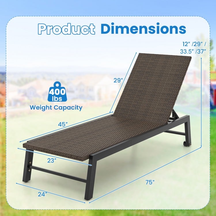 Patio PE rattan chaise lounge with 5-level backrest, brown color, dimensions 75"x29"x24", ideal for poolside relaxation.