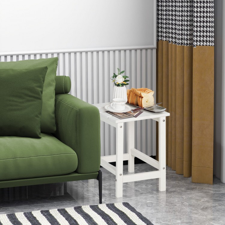 Square white Adirondack side table with slatted top, weather-resistant HDPE material, perfect for outdoor or bathroom.