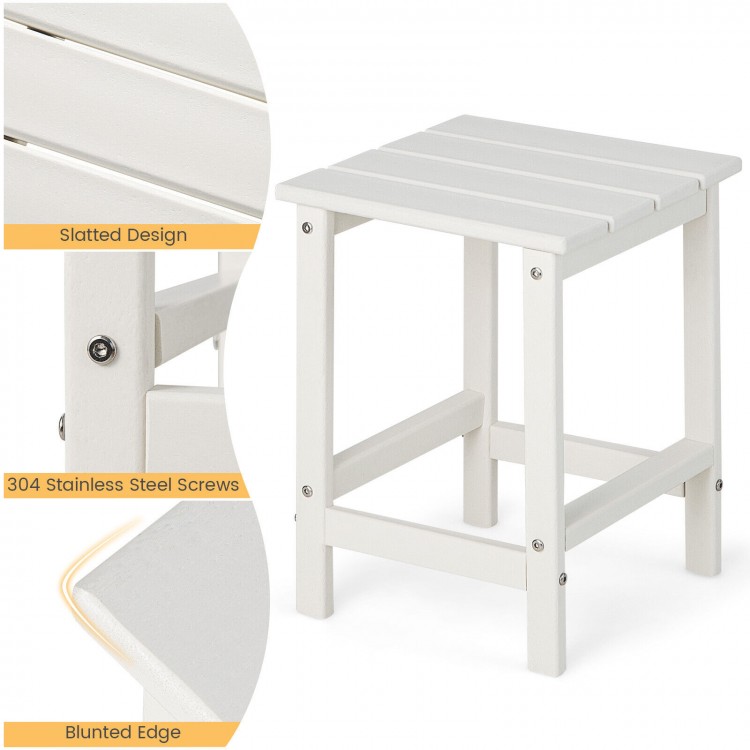 White 14-inch square Adirondack side table with slatted design, blunted edges, and 304 stainless steel screws for.