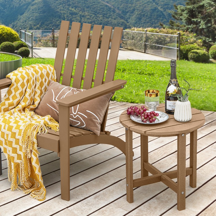 Brown 18-inch round weather-resistant Adirondack side table with slatted top, perfect for outdoor use and easy.
