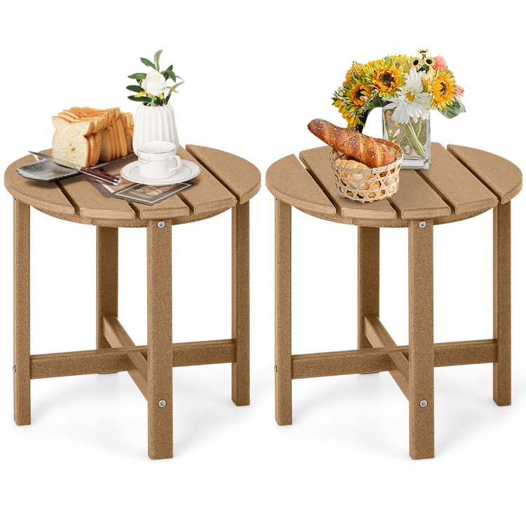 Set of 2 brown 18-inch round weather-resistant Adirondack side tables, perfect for outdoor use and easy maintenance.