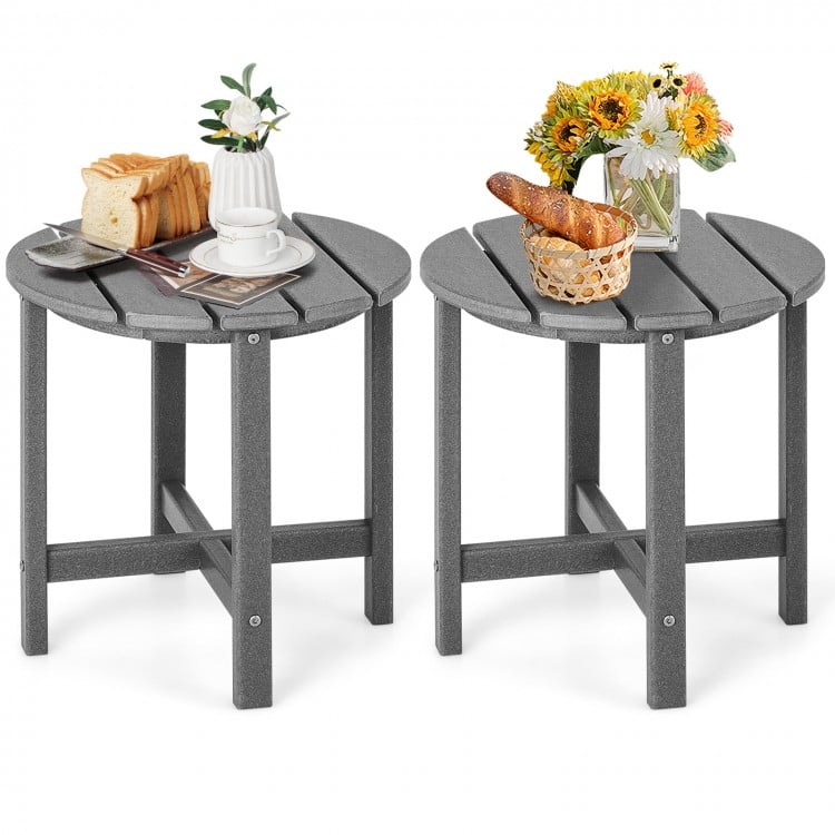 Set of 2 gray 18-inch round Adirondack side tables, weather-resistant and perfect for outdoor use or bathroom placement.