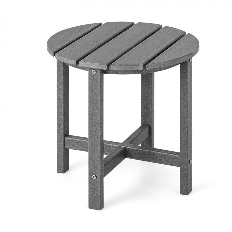 Gray 18-inch round weather-resistant Adirondack side table with slatted top, ideal for outdoor use and easy maintenance.