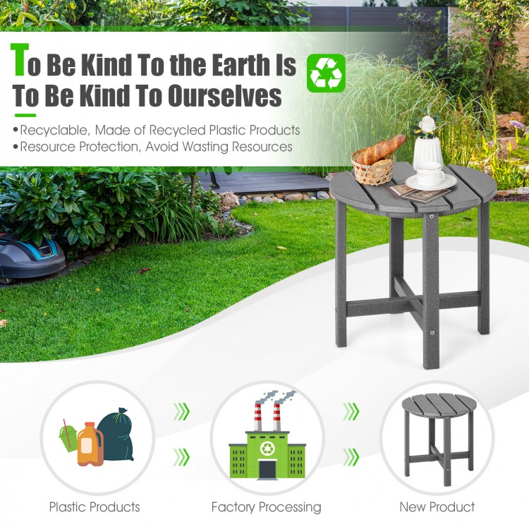 Gray 18-inch round weather-resistant Adirondack side table, made of recyclable HDPE, perfect for outdoor use.