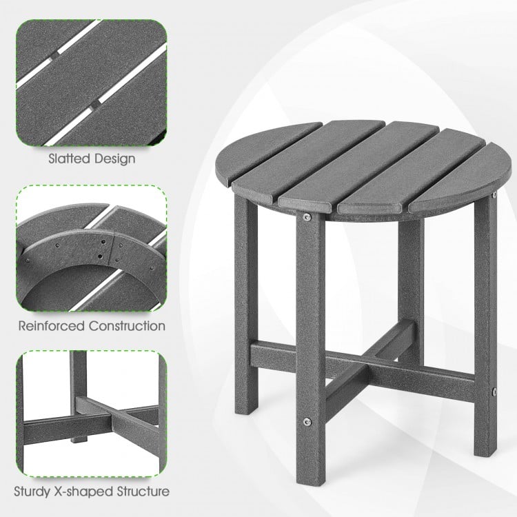 Round gray Adirondack side table with slatted design, weather-resistant HDPE material, perfect for outdoor use.