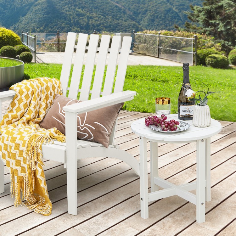 White 18-inch round weather-resistant side table with slatted top, perfect for outdoor use alongside Adirondack chairs.