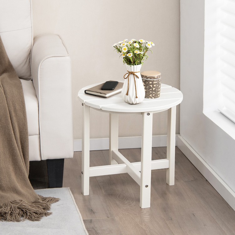 White 18-inch round weather-resistant Adirondack side table with slatted top, perfect for outdoor or bathroom use.